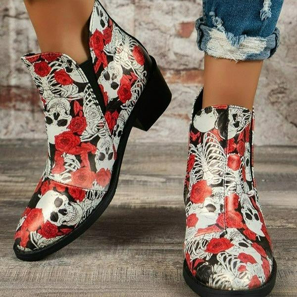 Women's Casual Skull Flower Print Chunky Heel Ankle Boots 86042015S