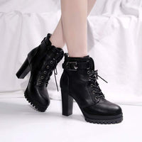 Women's Belted Buckle Lace-Up Ultra High Heel Chunky Short Boots 97992196C