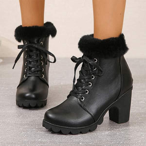 Women's Round-Toe Chunky Heel Lace-Up Faux Fur Ankle Boots 36173194C