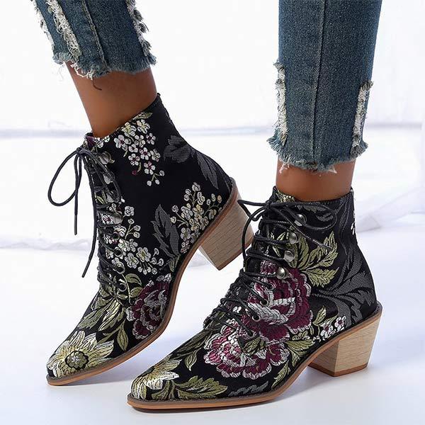 Women's Chunky Heel Embroidered Lace-Up Ankle Boots 09554467C