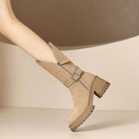 Women's Fashion Rivet Buckle Chunky Heel Mid-Calf Boots 48549956S