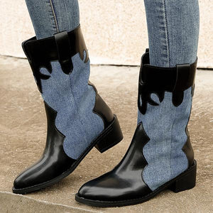 Women's Casual Retro Spliced Mid-calf Western Boots 62768101S