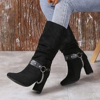 Women's Fitted Ruched Boots with Chunky Heel and Belt Buckle Mid-Calf Boots 81149789C