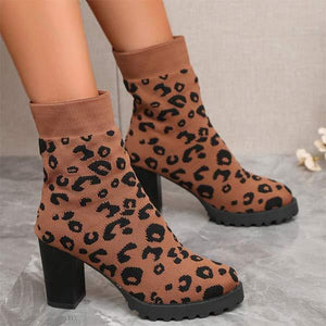 Women's High-Heeled Chunky Heel Leopard Print Short Fashion Boots 27096933C
