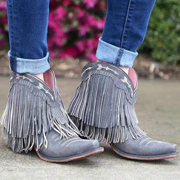 Women's Fashionable Mid-Heel Fringed Pointed Toe Ankle Boots 17609427C