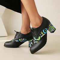 Women's Lace-Up Carved Colorblock Block Heel Brogues 21053832S