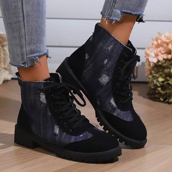Women's Vintage Denim Chunky Heel Lace-Up Martin Boots 31614031C