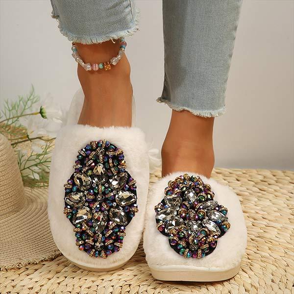Women's Rhinestone-Embellished Furry Slippers with Closed Toes 60338194C