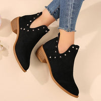Women's Retro Pointed Toe Studded Chunky Heel Short Boots 55929324S
