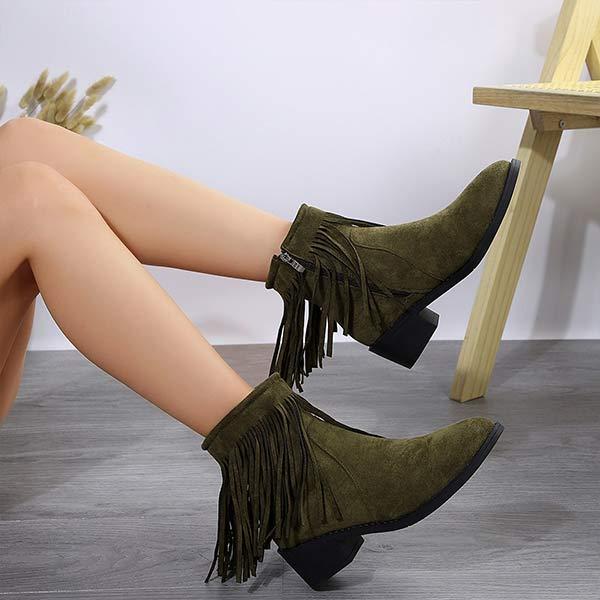 Women's Fringed Boots with Chunky Heels and Pointed Toes 90159554C