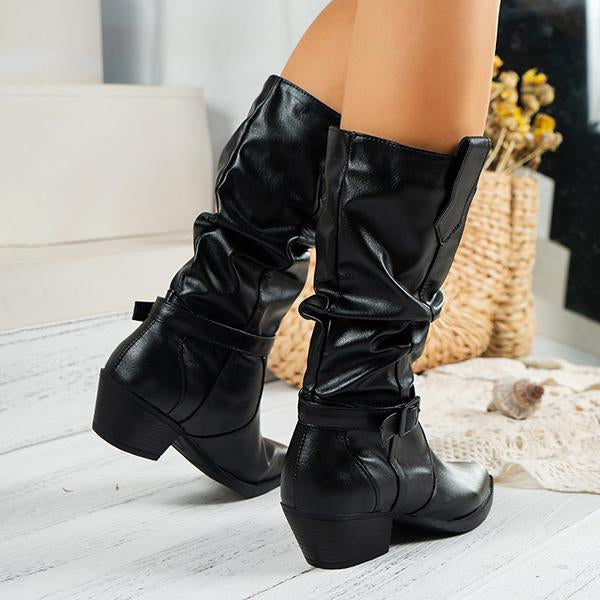 Women's Fashionable Belt Buckle Thick Heel Knight Boots 66956292S