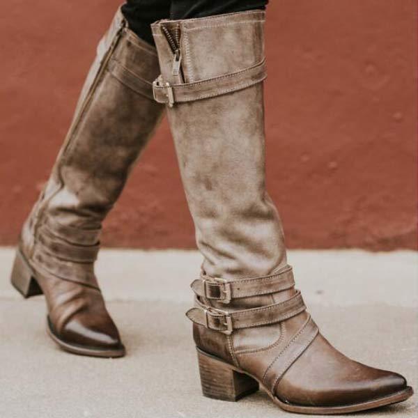 Women's High Shaft Belt Buckle Knight Boots with Chunky High Heels 26875201C
