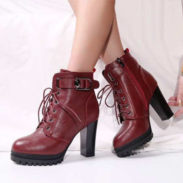 Women's Belted Buckle Lace-Up Ultra High Heel Chunky Short Boots 97992196C