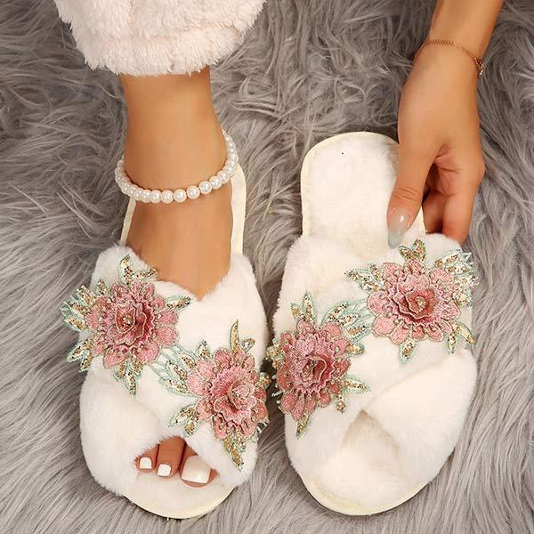 Women's Floral Embroidery Cross Strap Furry Slides 97757135C