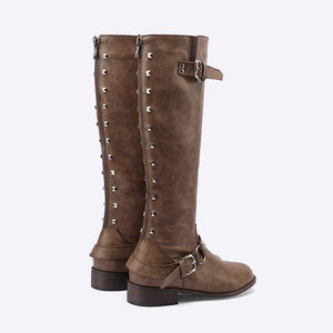 Women's Studded Belt Buckle Leather Knee-High Boots 00450334C