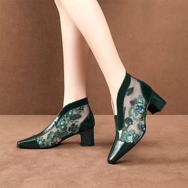 Women's Mesh Pointed Toe Summer Boots with Embroidery and Chunky Heel 71584826C