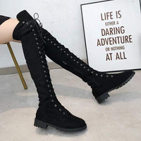 Women's Low-Heel Suede Knee-High Boots with Laces 98654577C