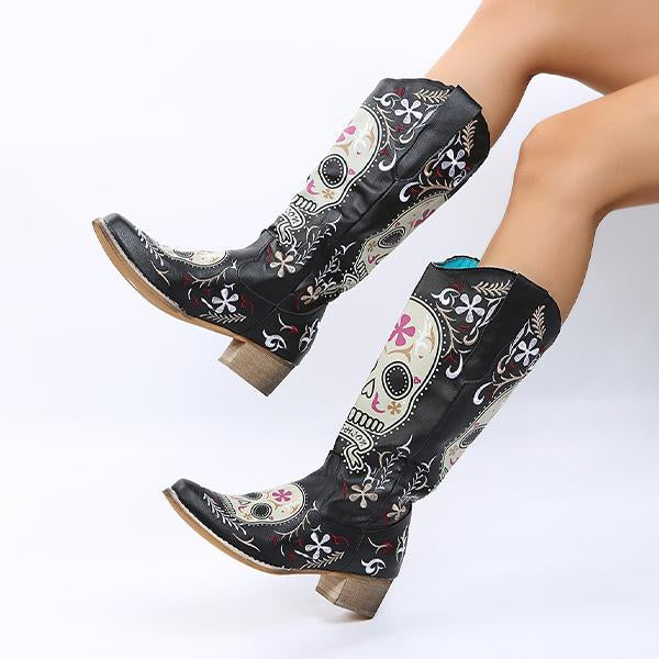 Women's Vintage Black Skull Embroidery Print Tall Boots 86622106S
