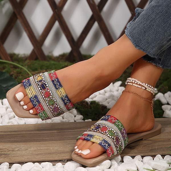 Women's Rhinestone-Embellished Square-Toe Flat Sandals 61792238C