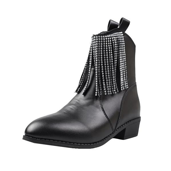 Women's Fashionable Rhinestone Thick Heel Tassel Short Boots 84347122S