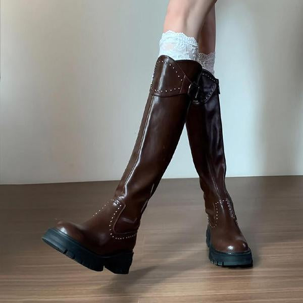 Women's Fashion Belt Buckle Rivets Thick Heel Rider Boots 81271668S
