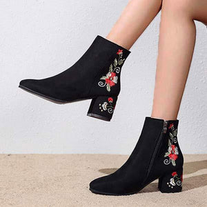 Women's Vintage Chunky Heel High Heel Embroidered Ankle Boots 21365798C