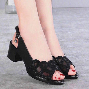 Women's Peep Toe Chunky Heel Sandals with Mesh Detail 90901378C