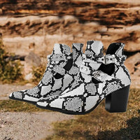 Women's Fashionable Snake Print Belt Buckle Block Heel Ankle Boots 31794216S
