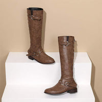 Women's Studded Belt Buckle Leather Knee-High Boots 00450334C