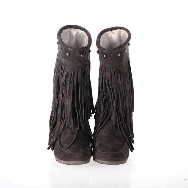 Women's Casual Retro Studded Tassel Flat Mid-calf Boots 39262121S