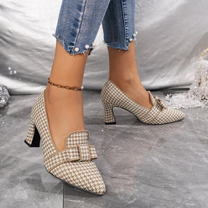 Women's Retro Plaid Casual Thick Heel Pointed Shoes 12997860S