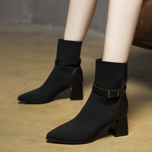 Women's Fashion Pointed Toe Chunky Heel Knit Booties 68577827S