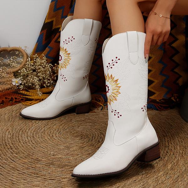Women's Fashion Sunflower Embroidery Tall Boots 87416869S