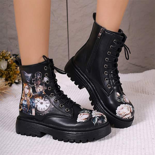 Women's 3D Printed Lace-Up Martin Boots with Side Zipper 14190941C