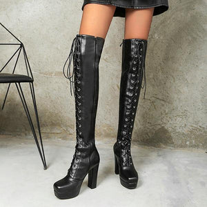 Women's Lace-Up Chunky Heel Over-the-Knee High Boots 12745628S