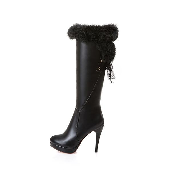 Women's Stylish Fur Collar Stiletto Knee-High Boots 83895807S
