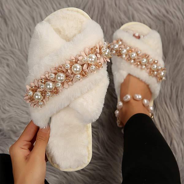 Women's Pearl Floral Furry Slippers 54991344C