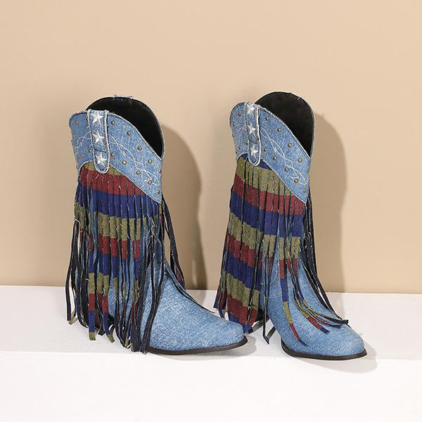 Women's Fashion Pointed Toe Tassel Rivet Cowboy Boots 20486519S