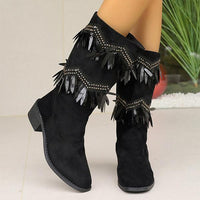 Women's Fashionable Sequined Tassel Block Heel Western Boots 79327915S