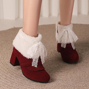 Women's Retro Lace Bow Cotton Lined Block Heel Boots 86052047S