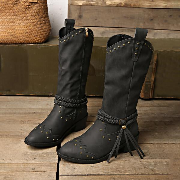 Women's Retro Rivet Fashion Tassel Mid-Calf Boots 43076707S