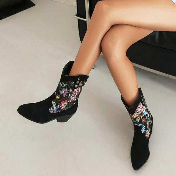 Women's Vintage Embroidered Chunky Heel Ankle Boots 60791823S