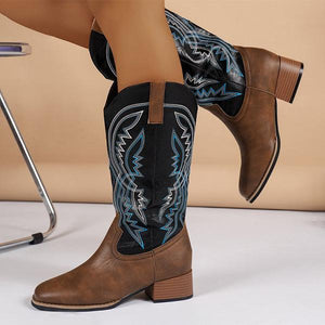 Women's Retro V-neck Embroidered Thick Heel Western Boots 70591320S
