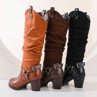 Women's Chunky Heel High Shaft Boots with Belt Buckle Detail 35596405C