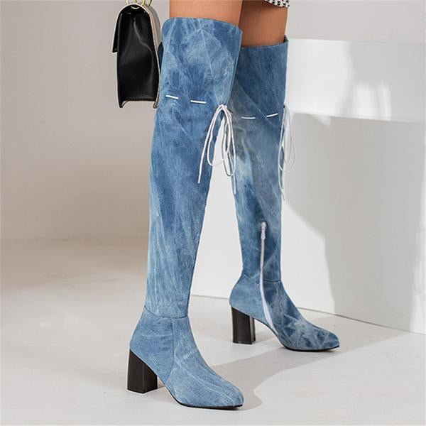 Women's Fashionable Chunk Heel Denim Over-the-Knee Boots 81332209S