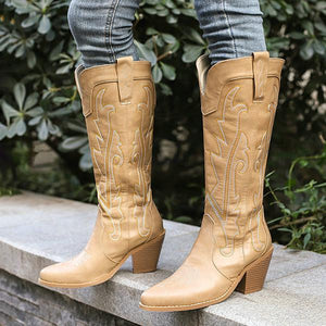 Women's Retro Embroidered Block Heel Western Boots 80853136S
