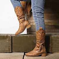 Women's Retro Rivet Fashion Tassel Mid-Calf Boots 43076707S