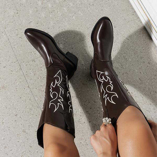 Women's Fashionable Embroidered Block Heel Western Boots 99173706S