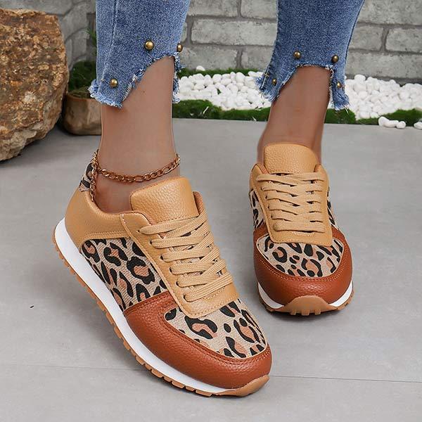 Women's Thick Sole Low-Top Lace-Up Sneakers with Leopard Print Accents 00187161C