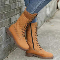 Women's Round-Toe Mid-Calf Lace-Up Cotton Boots 75266894C